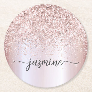 Stilvolle Rose Gold Glitzer Monogram Name Signatur Runder Pappuntersetzer