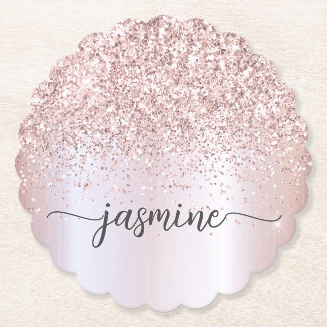 Stilvolle Rose Gold Glitzer Monogram Name Signatur Untersetzer (Vorderseite)