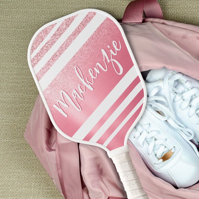 Stilvolle Rose Gold Glitzer Script Name Pickleball Schläger (Von Creator hochgeladen)