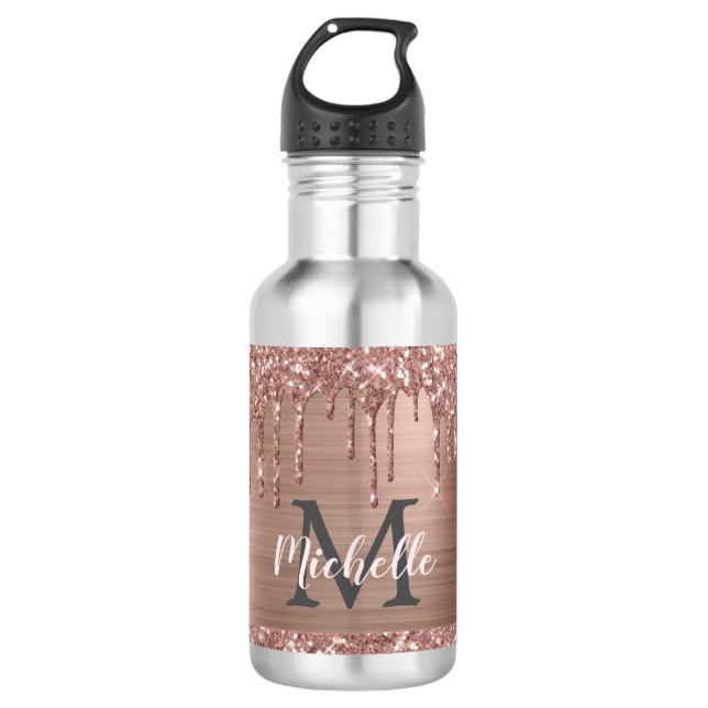 Stilvolle Rose Gold Glitzer Tropfen Mit Monogramm Edelstahlflasche (Vorderseite)