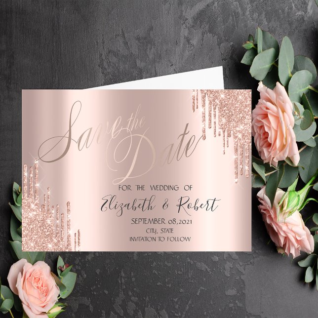 Stilvolle Rose Gold Glitzer Tropfen Save the Date (Von Creator hochgeladen)