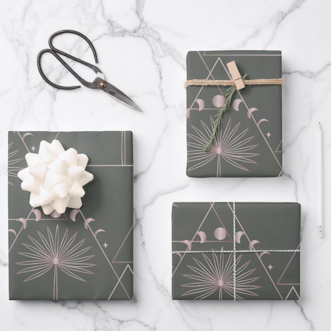 Stilvolle Rose Gold Gray Palm Leaf Moon Phases Art Geschenkpapier Set (Vorderseite)