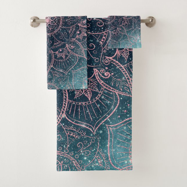 Stilvolle Rose Gold Mandala Blauer Nebel Sterne Badhandtuch Set (Insitu)