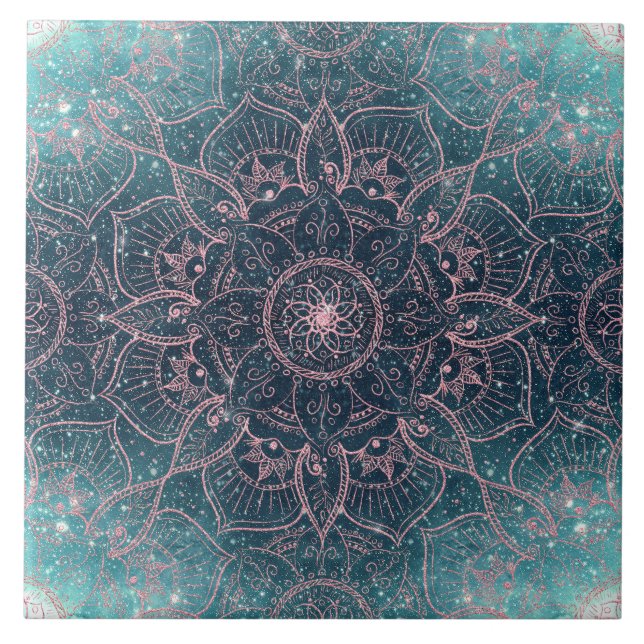 Stilvolle Rose Gold Mandala Blauer Nebel Sterne Fliese (Vorderseite)