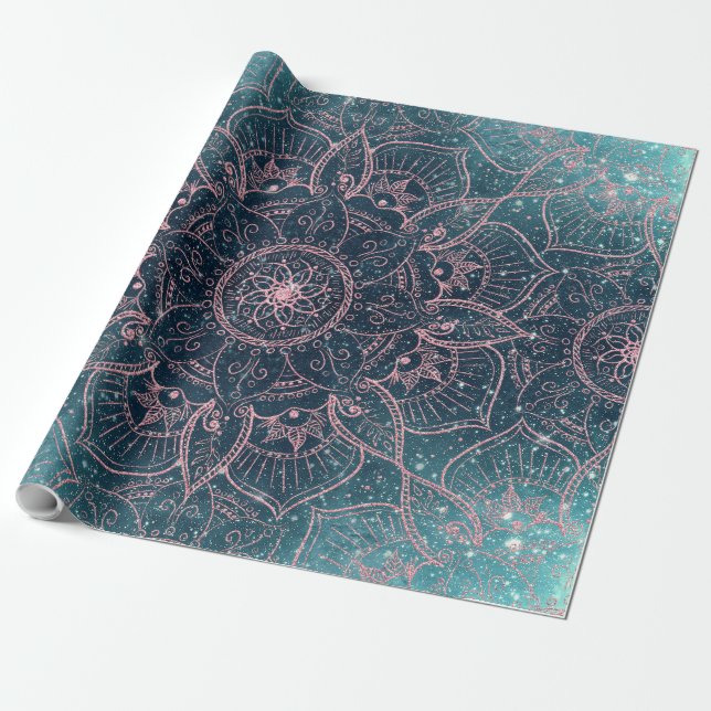 Stilvolle Rose Gold Mandala Blauer Nebel Sterne Geschenkpapier (Ungerollt)