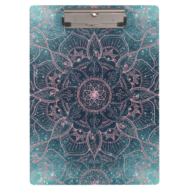 Stilvolle Rose Gold Mandala Blauer Nebel Sterne Klemmbrett (Vorderseite)