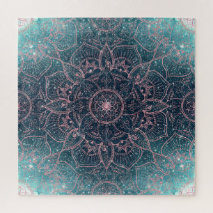 Stilvolle Rose Gold Mandala Blauer Nebel Sterne Puzzle