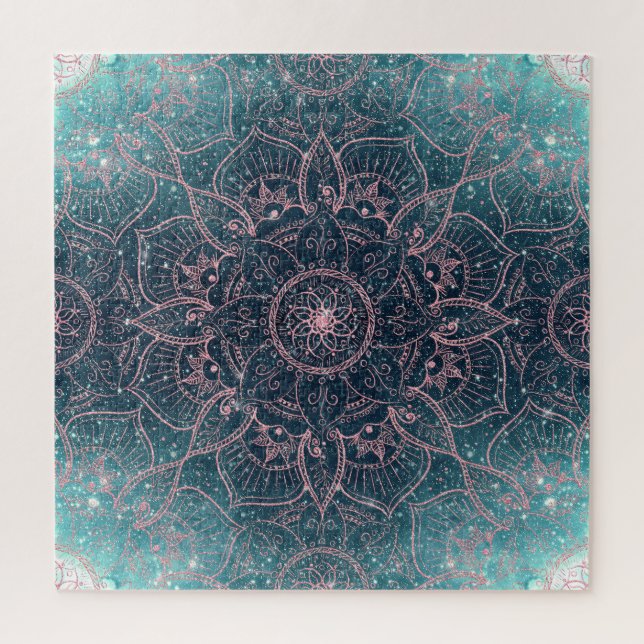 Stilvolle Rose Gold Mandala Blauer Nebel Sterne Puzzle (Vertikal)
