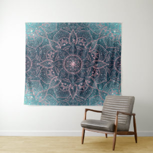 Stilvolle Rose Gold Mandala Blauer Nebel Sterne Wandteppich
