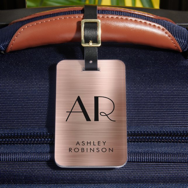 Stilvolle Rose Gold Metal Two Monogram Initial Gepäckanhänger (Vorderseite Insitu 2)