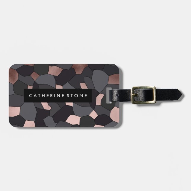 Stilvolle Rose mit grauem und schwarzem Mosaik Gepäckanhänger (Vorderseite horizontal)