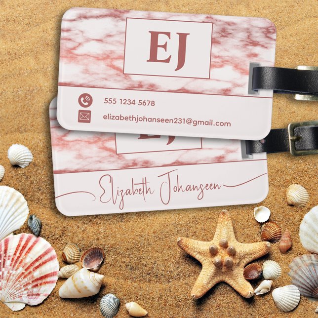 Stilvolle Rose Monogramm aus weißem Marmor Gepäckanhänger (Von Creator hochgeladen)