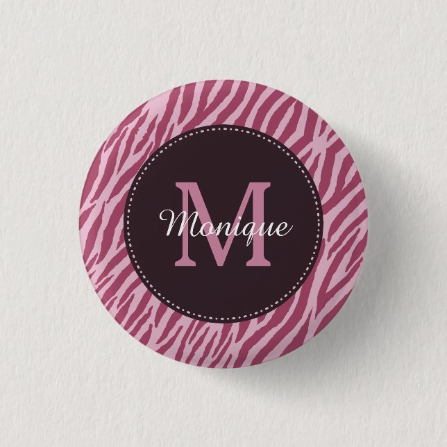 Stilvolle Rose Rosa Zebra Print Monogram und Name Button (Vorderseite)