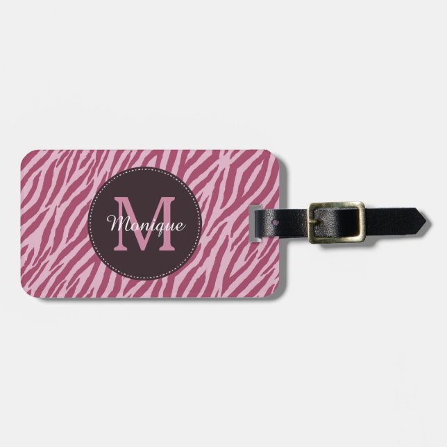 Stilvolle Rose Rosa Zebra Print Monogram und Name Gepäckanhänger (Vorderseite horizontal)