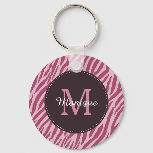 Stilvolle Rose Rosa Zebra Print Monogram und Name Schlüsselanhänger (Vorderseite)