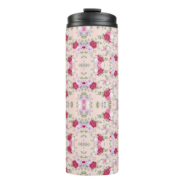 Stilvolle Rot- und lila Blütendrucke in Rosa Thermosbecher (Vorderseite)