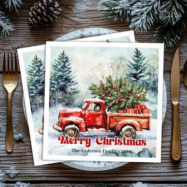 Stilvolle rote LKW-Winterszene rustikale Serviette (Stylish red truck winter scene rustic napkins set)