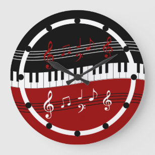 Stilvolle rote Schwarz-weiße Klavier-Schlüssel und Große Wanduhr