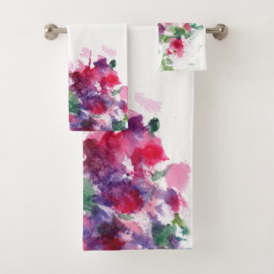 Stilvolle rote und blaue Aquarellfarbe Bouquet Mal Badhandtuch Set