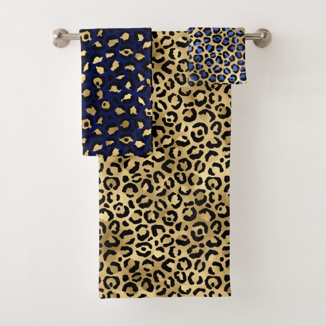 Stilvolle Royal Blue and Gold Foil Leopard Spots Badhandtuch Set (Insitu)