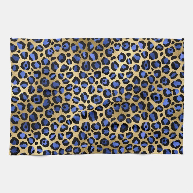 Stilvolle Royal Blue and Gold Foil Leopard Spots Geschirrtuch (Horizontal)
