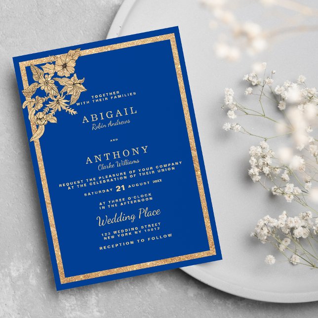 Stilvolle Royal Blue Gold Glitzer Floral Wedding Einladung (Stylish Royal Blue Gold Glitter Floral Wedding Invitation )