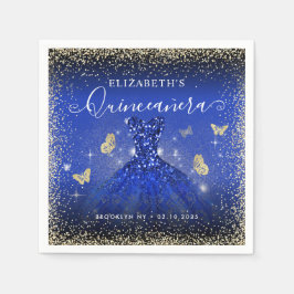 Stilvolle Royal Blue Gold Glitzer Gown Quinceañera Serviette