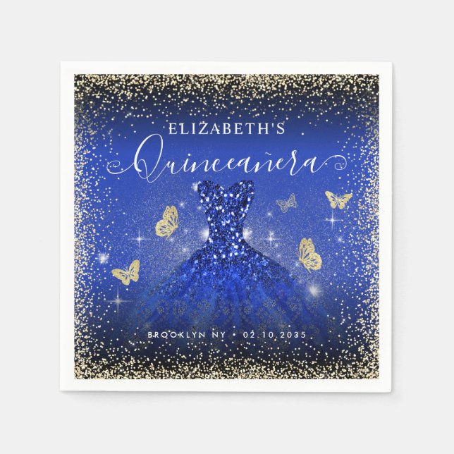 Stilvolle Royal Blue Gold Glitzer Gown Quinceañera Serviette (Vorderseite)