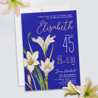 Stilvolle Royal Blue White Lily Blume Woman Bday Einladung