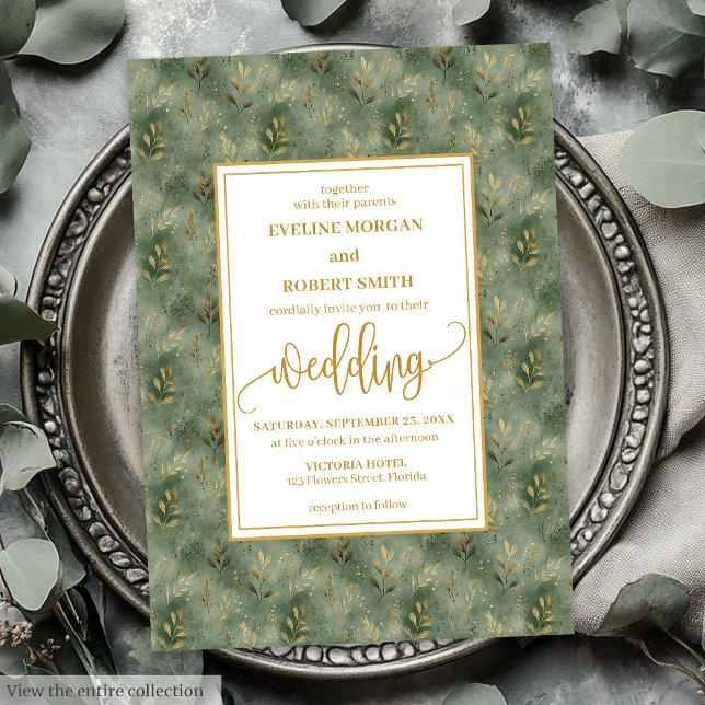 Stilvolle Sage Green Gold Foliage Hochzeit Einladu Einladung (Stylish Sage Green Gold Foliage Wedding Invitation)
