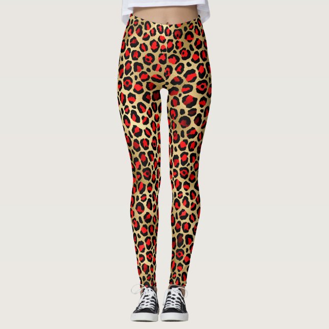 Stilvolle Scarlet Red and Gold Foil Leopard Spots Leggings (Vorderseite)