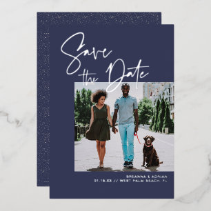 Stilvolle Schrift Navy- und Silberhochzeitsfoto Folieneinladung