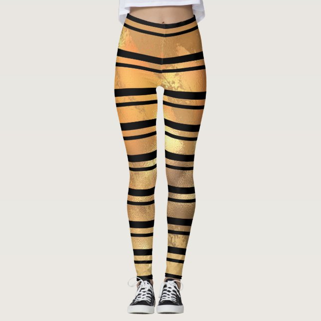 Stilvolle Schwarz-Gold Glitzer Streifen Leggings (Vorderseite)