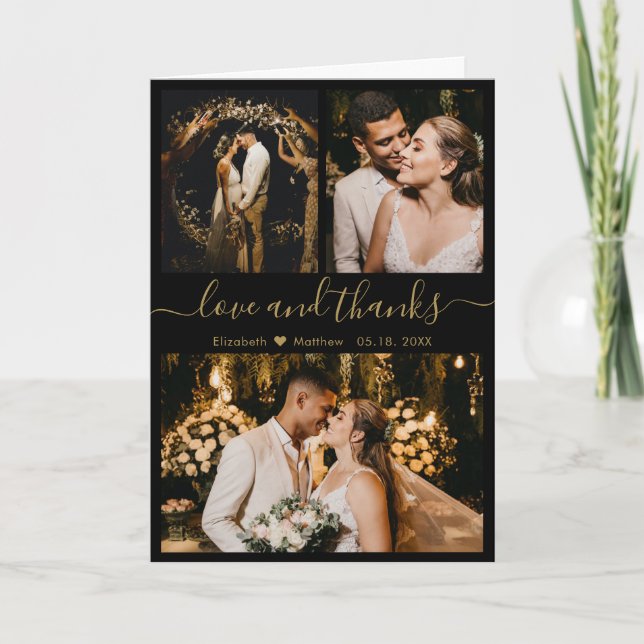 Stilvolle Schwarz Gold Hochzeit Foto Collage Viele Dankeskarte (Vorderseite)