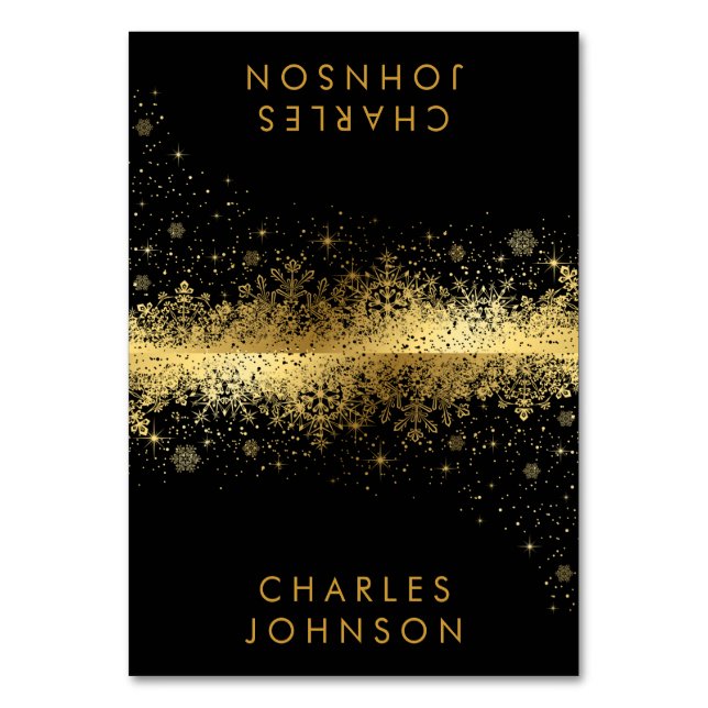 Stilvolle Schwarz-Gold-Schneeflocken | PLATZKARTEN Tischnummer (Vorderseite)