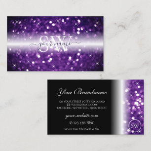 Stilvolle Schwarz Lila Sparkling Glitzer Monogram Visitenkarte