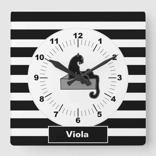 Stilvolle Schwarz Panther Cat Weiß Moderne Quadratische Wanduhr (Vorderseite)