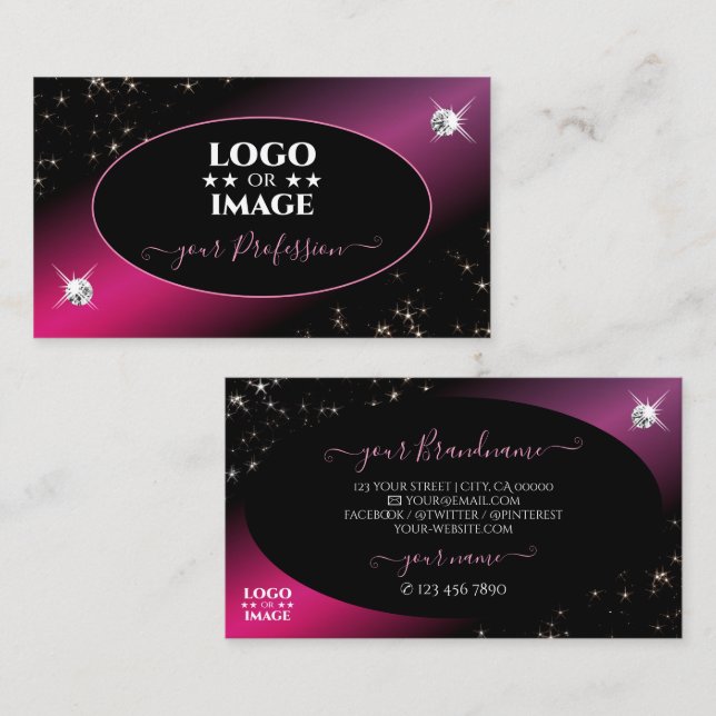 Stilvolle Schwarz-Rosa-Glitzer-Stars Diamond-Logo  Visitenkarte (Vorne/Hinten)