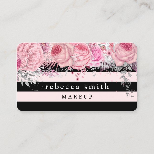 Stilvolle, schwarz-rosa Streifen aus Blumen Visitenkarte (Vorderseite)
