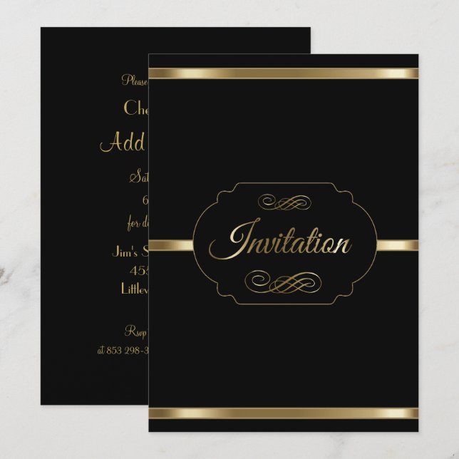 Stilvolle Schwarz-und GoldParty-Schablone Einladung (Vorne/Hinten)