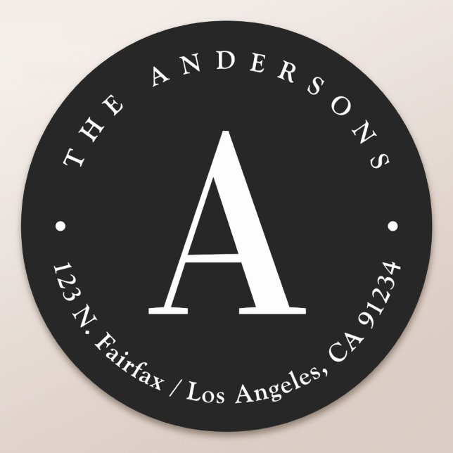 Stilvolle Schwarz-Weiß-Monogramm-Rücksendeadresse Runder Aufkleber (Von Creator hochgeladen)