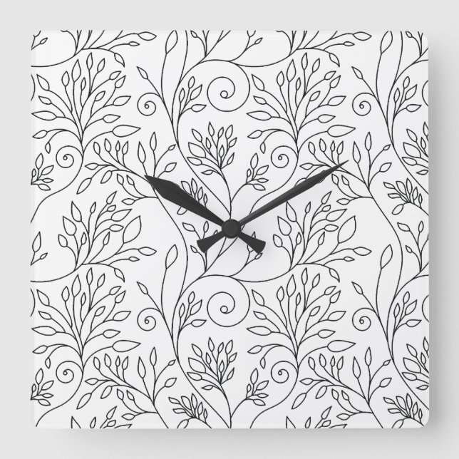 Stilvolle Schwarz-weiße Blume Wall Clock Quadratische Wanduhr (Vorderseite)