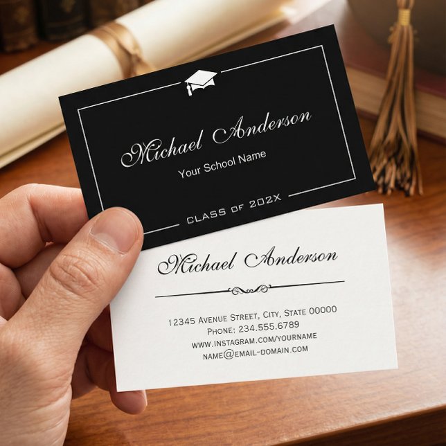 Stilvolle Schwarz-weiße Grad Cap Abschluss Name Ca Telefonnummerkarte (Von Creator hochgeladen)