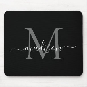 Stilvolle Schwarz-weiße Monogram Script Einfach Mo Mousepad