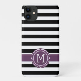 Stilvolle Schwarz-weiße Streifen Lila Monogramm Case-Mate iPhone Hülle