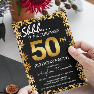 Stilvolle schwarze & goldene 50. Überraschungs-Geb Einladung
