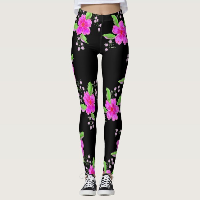 Stilvolle schwarze Leggings mit rosa Blume (Vorderseite)