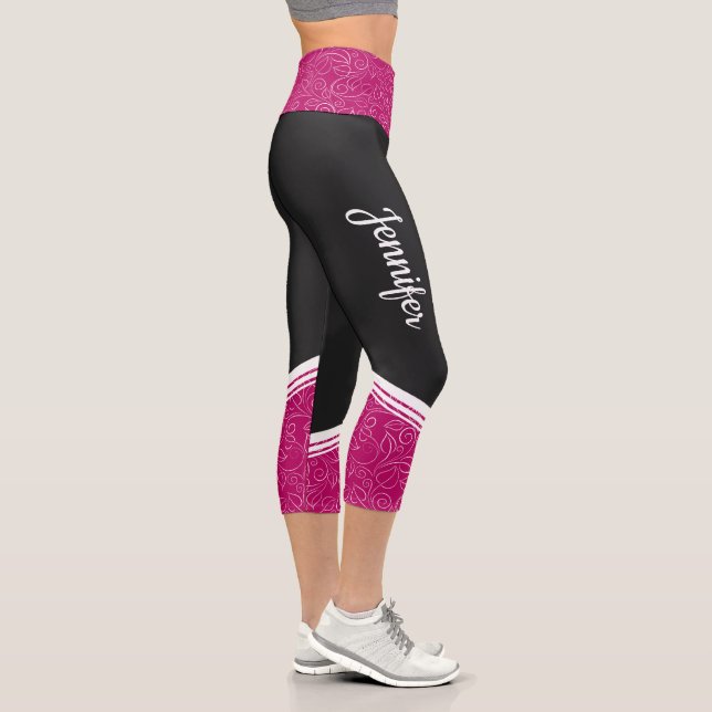 Stilvolle schwarze magenta bläserne weiße Streifen Capri Leggings (Rechts)