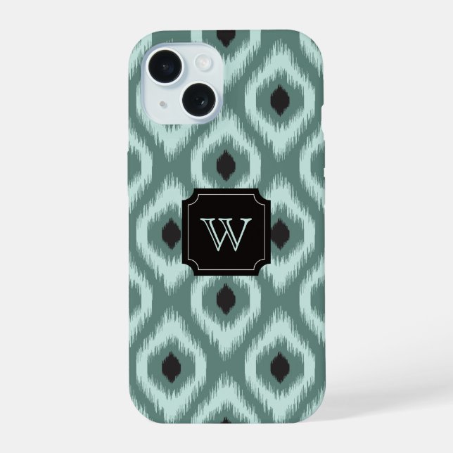 Stilvolle Schwarze Minze Diamant Ikat Monogram iPhone 15 Hülle (Rückseite)