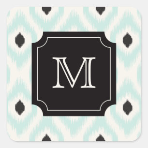 Stilvolle Schwarze Minze Diamant Ikat Monogram Quadratischer Aufkleber